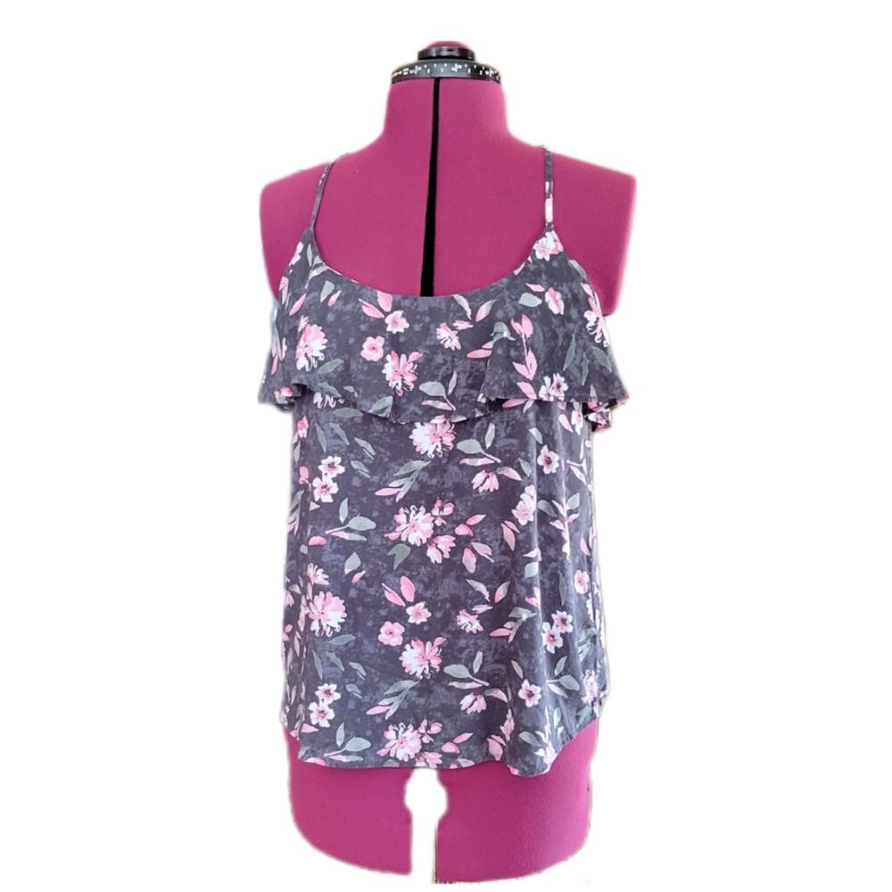 American Eagle 100% Modal Grey & Pink Floral Boho Ruffle Top sz S